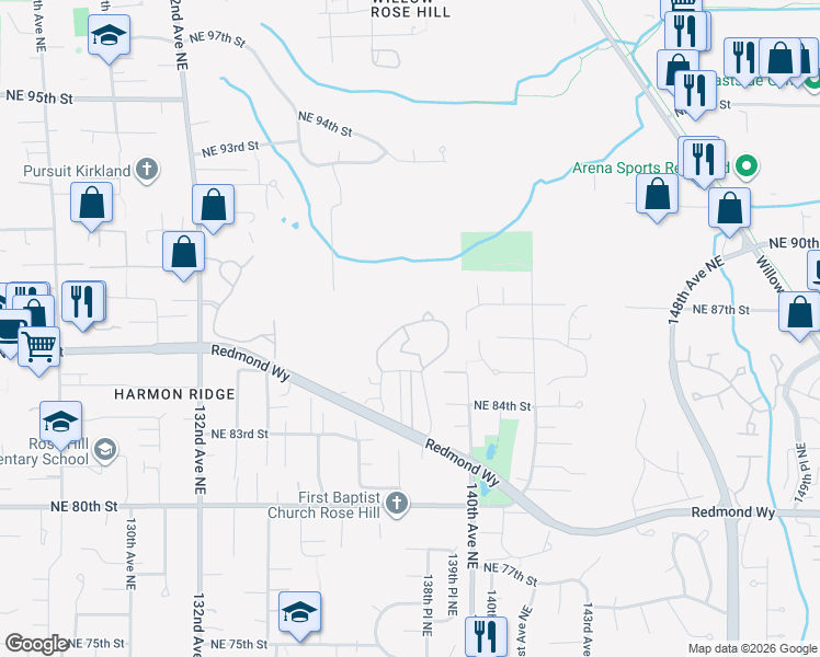 map of restaurants, bars, coffee shops, grocery stores, and more near 13808 138th Court Northeast in Redmond