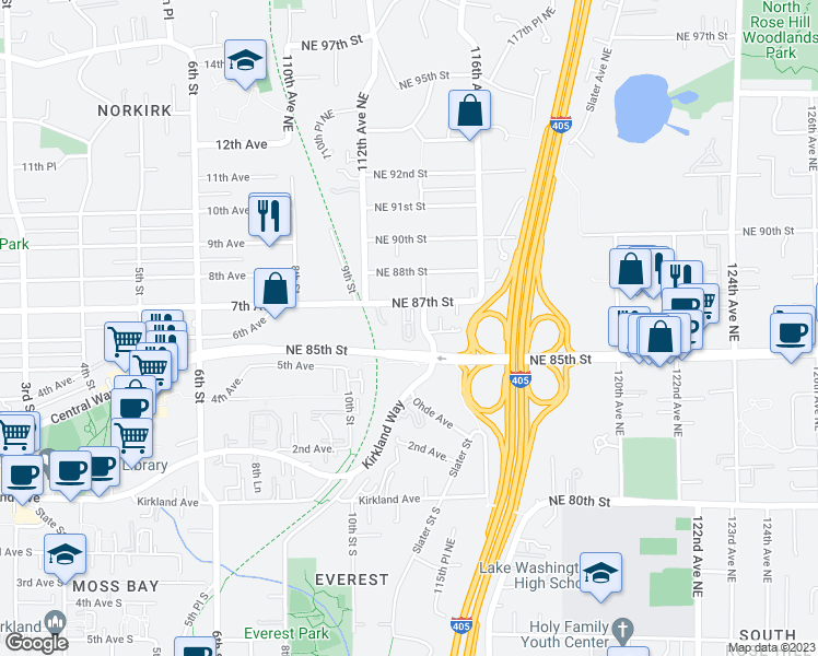 map of restaurants, bars, coffee shops, grocery stores, and more near 8634 113th Way Northeast in Kirkland