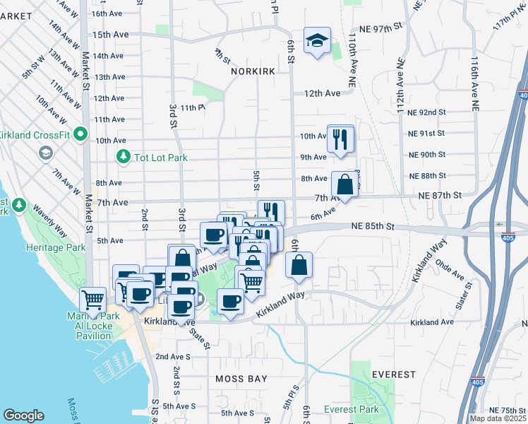 map of restaurants, bars, coffee shops, grocery stores, and more near 511 7th Avenue in Kirkland