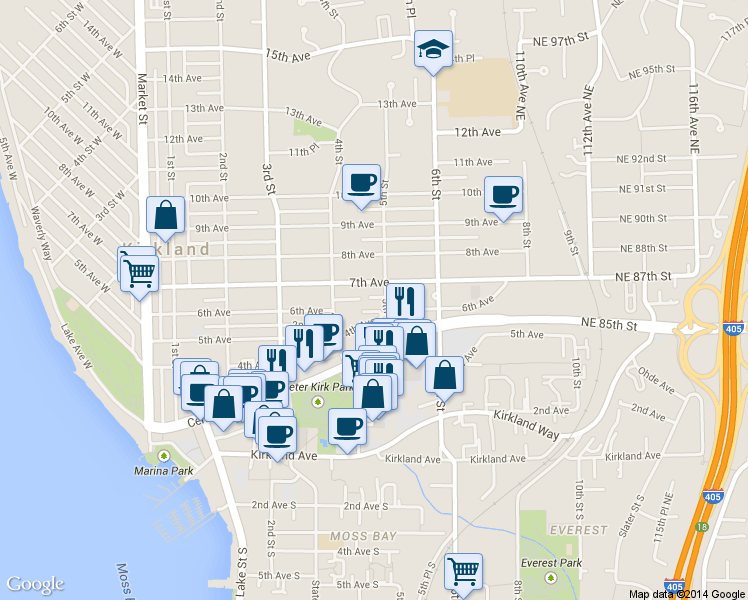 map of restaurants, bars, coffee shops, grocery stores, and more near 429 7th Avenue in Kirkland