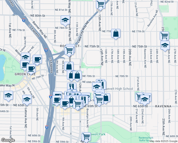 map of restaurants, bars, coffee shops, grocery stores, and more near 7023 Brooklyn Avenue Northeast in Seattle