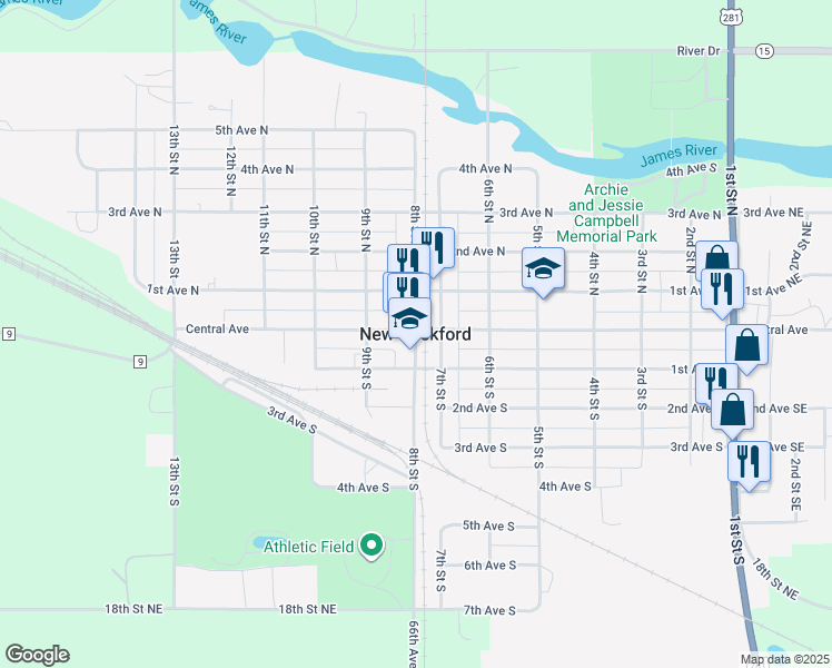 map of restaurants, bars, coffee shops, grocery stores, and more near in New Rockford