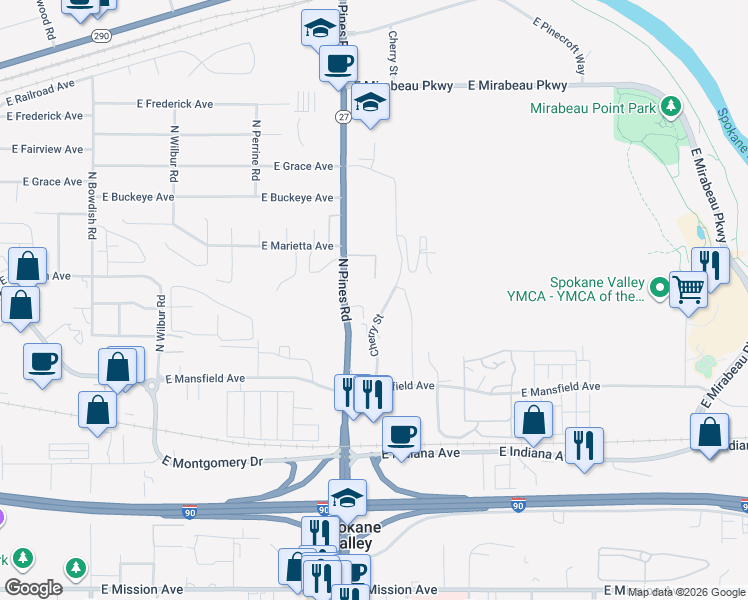 map of restaurants, bars, coffee shops, grocery stores, and more near 2415 Cherry Street in Spokane Valley