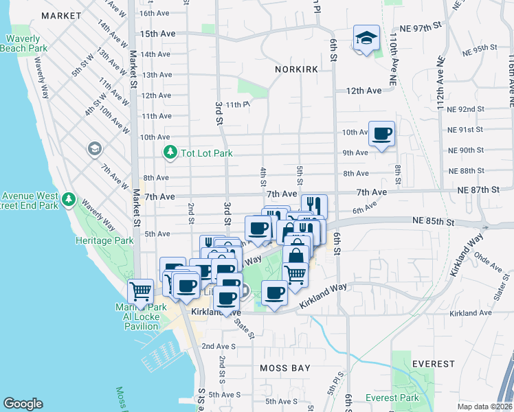 map of restaurants, bars, coffee shops, grocery stores, and more near 344 6th Avenue in Kirkland