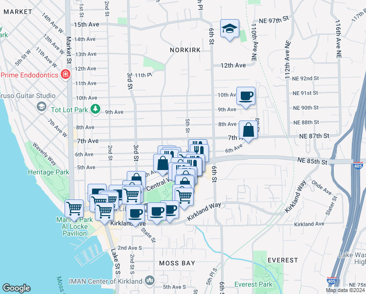 map of restaurants, bars, coffee shops, grocery stores, and more near 605 5th Street in Kirkland