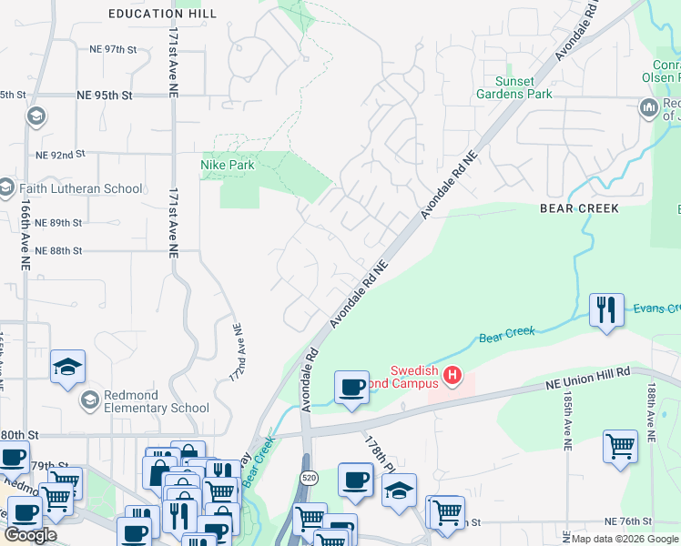 map of restaurants, bars, coffee shops, grocery stores, and more near 17633 Northeast 88th Place in Redmond