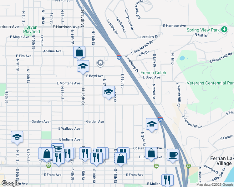 map of restaurants, bars, coffee shops, grocery stores, and more near 828 North 18th Street in Coeur d'Alene