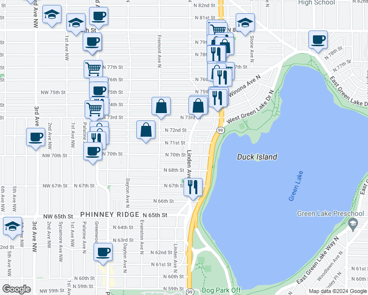 map of restaurants, bars, coffee shops, grocery stores, and more near 753 North 71st Street in Seattle