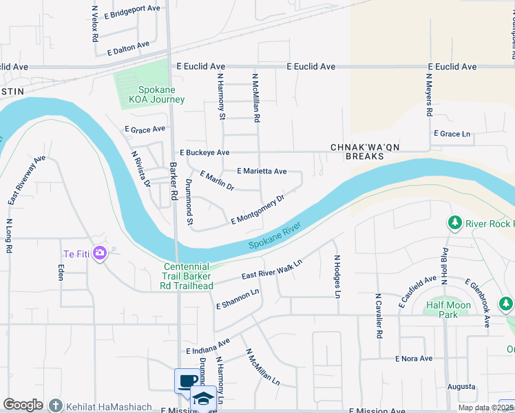 map of restaurants, bars, coffee shops, grocery stores, and more near 19029 East Montgomery Drive in Spokane Valley
