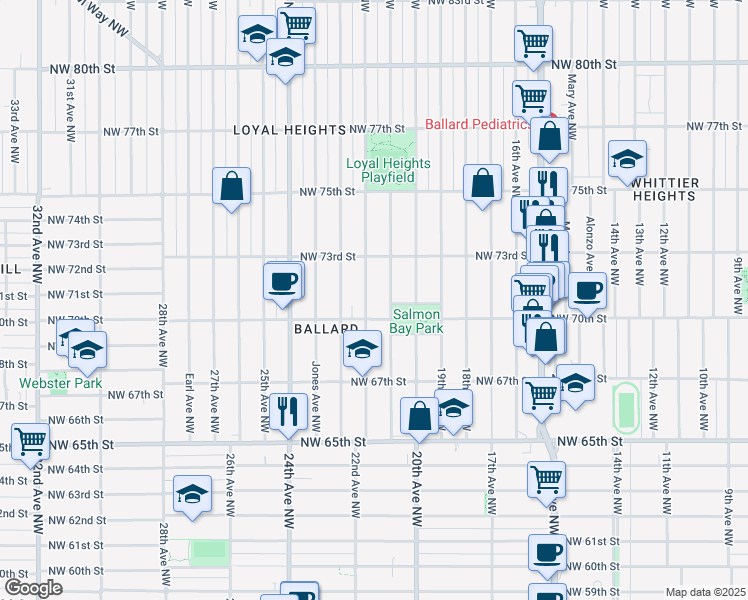 map of restaurants, bars, coffee shops, grocery stores, and more near 7031 21st Avenue Northwest in Seattle