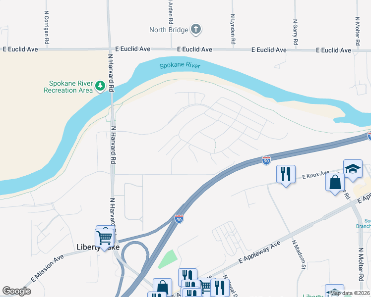 map of restaurants, bars, coffee shops, grocery stores, and more near 2600 North Lynden Road in Liberty Lake