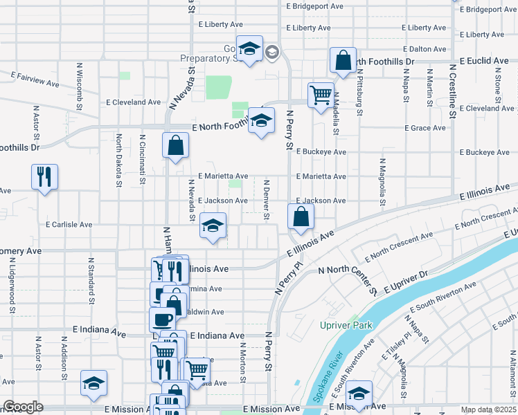 map of restaurants, bars, coffee shops, grocery stores, and more near 2504 North Morton Street in Spokane