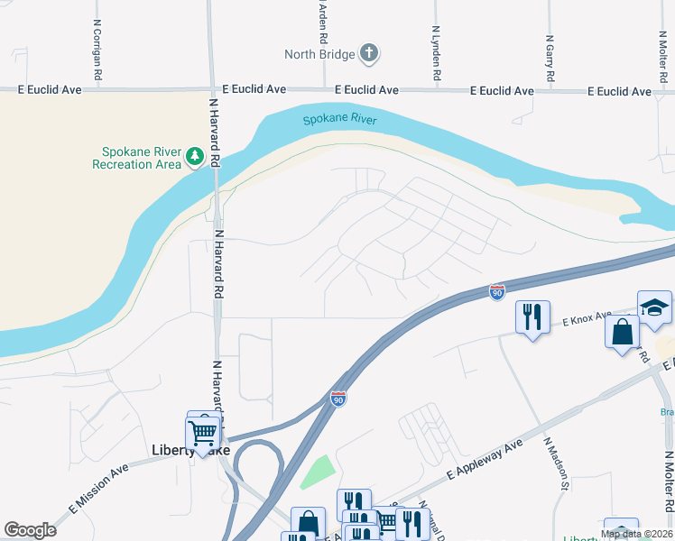 map of restaurants, bars, coffee shops, grocery stores, and more near 2600 North Lynden Road in Liberty Lake