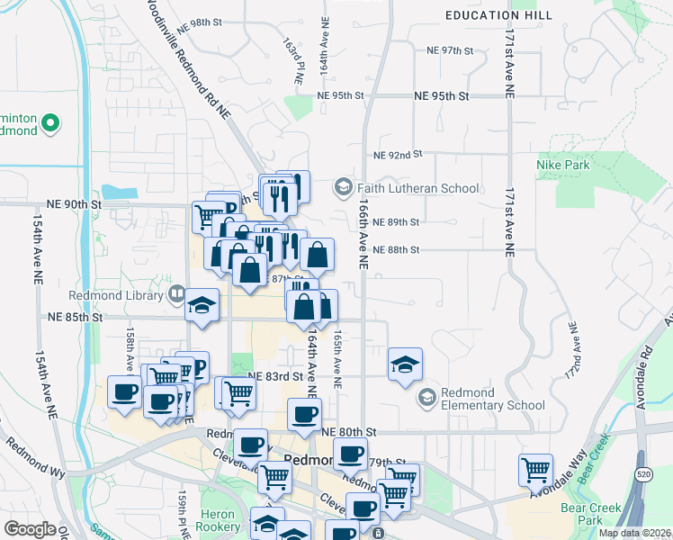 map of restaurants, bars, coffee shops, grocery stores, and more near 8652 164th Avenue Northeast in Redmond