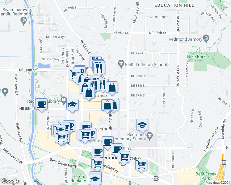 map of restaurants, bars, coffee shops, grocery stores, and more near 8632 164th Avenue Northeast in Redmond