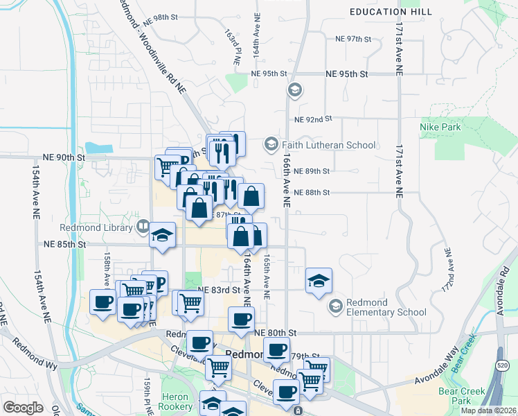 map of restaurants, bars, coffee shops, grocery stores, and more near 8642 164th Avenue Northeast in Redmond
