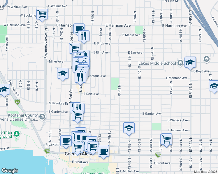 map of restaurants, bars, coffee shops, grocery stores, and more near 815 North 7th Street in Coeur d'Alene