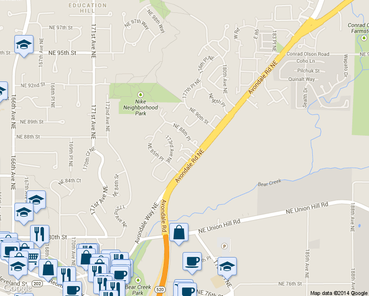 map of restaurants, bars, coffee shops, grocery stores, and more near 17633 Northeast 88th Place in Redmond