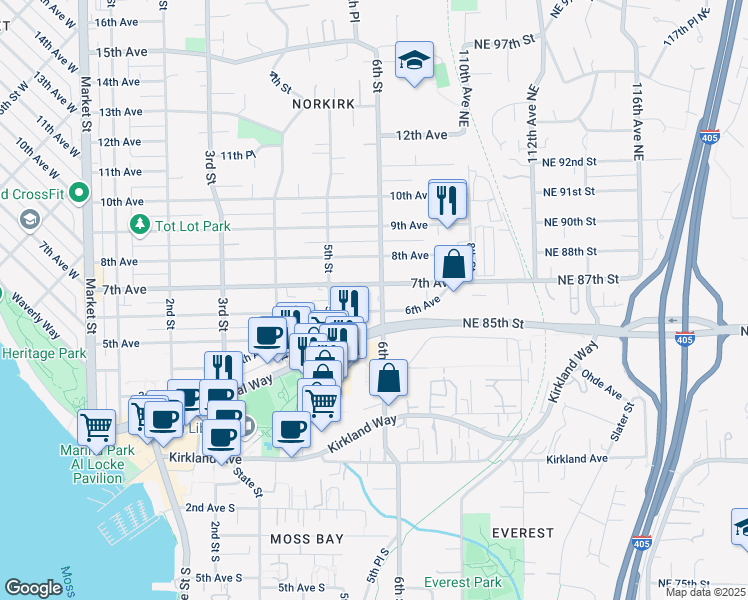 map of restaurants, bars, coffee shops, grocery stores, and more near 544 7th Avenue in Kirkland