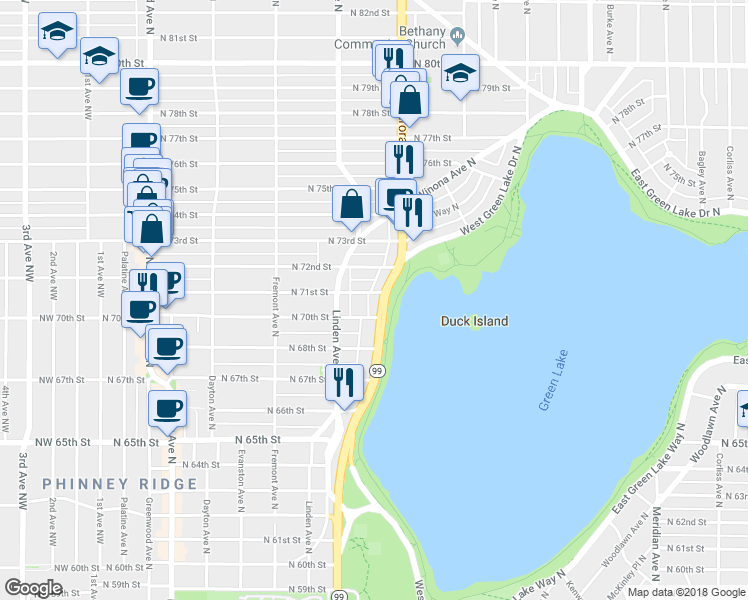 map of restaurants, bars, coffee shops, grocery stores, and more near 926 North 71st Street in Seattle