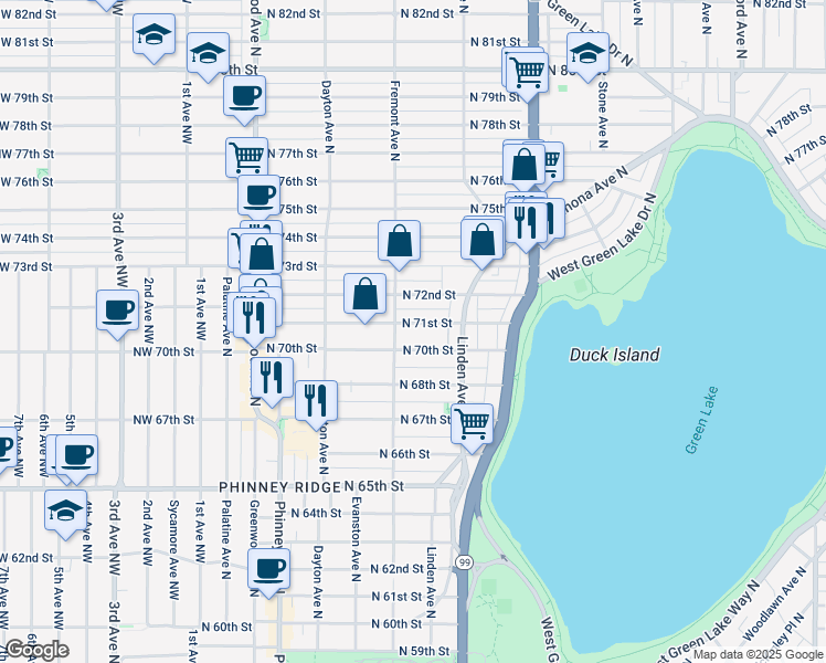 map of restaurants, bars, coffee shops, grocery stores, and more near 718 North 71st Street in Seattle