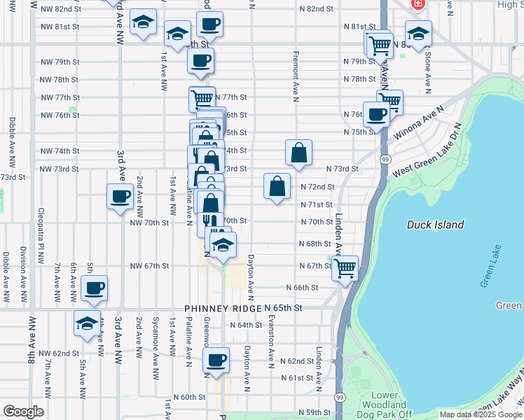 map of restaurants, bars, coffee shops, grocery stores, and more near 512 North 71st Street in Seattle