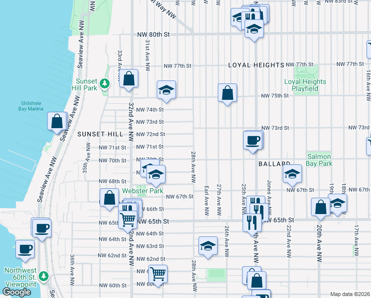 map of restaurants, bars, coffee shops, grocery stores, and more near 2809 Northwest 71st Street in Seattle