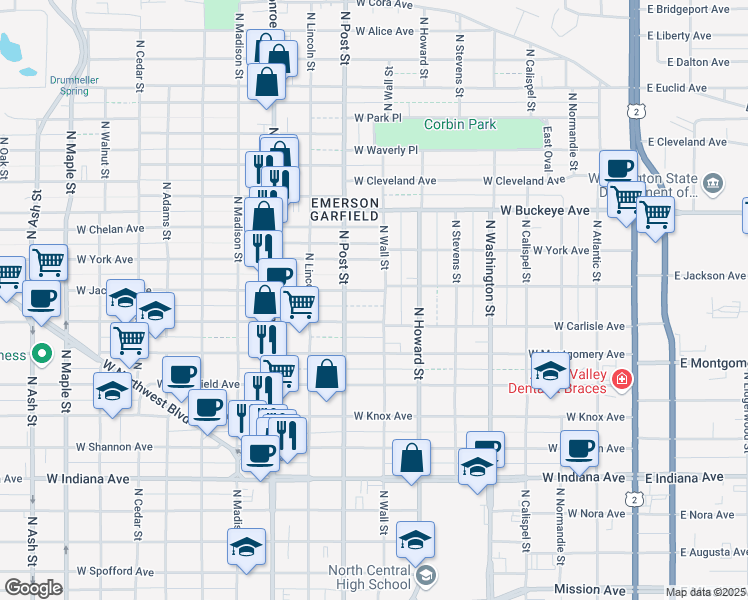 map of restaurants, bars, coffee shops, grocery stores, and more near 709 West Jackson Avenue in Spokane