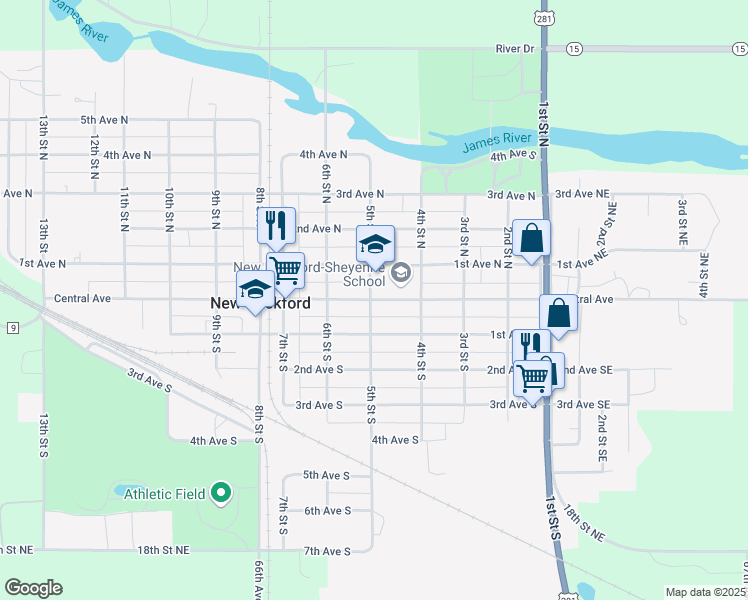 map of restaurants, bars, coffee shops, grocery stores, and more near 400 Central Avenue in New Rockford