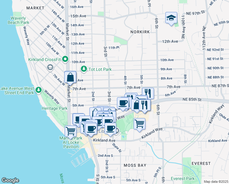map of restaurants, bars, coffee shops, grocery stores, and more near 320 6th Avenue in Kirkland