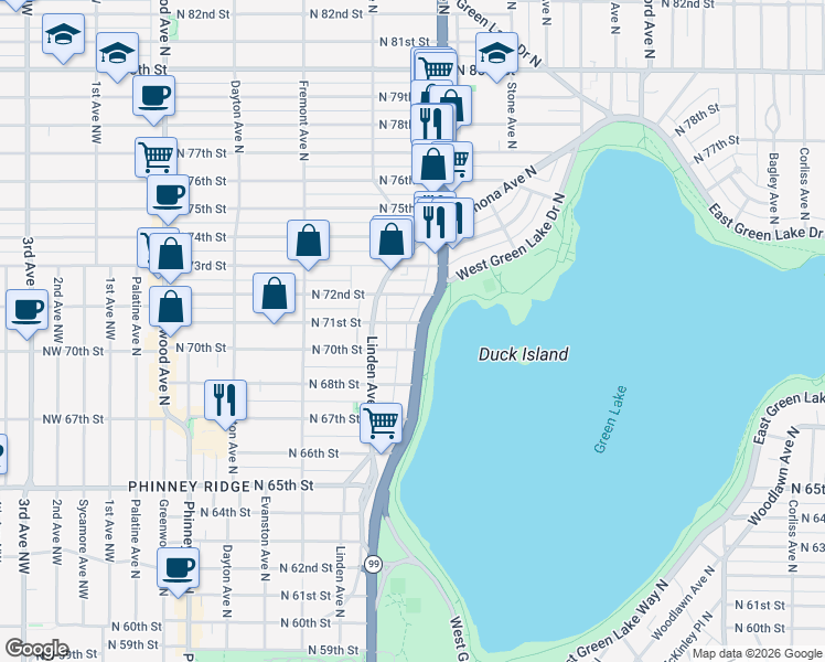 map of restaurants, bars, coffee shops, grocery stores, and more near 926 North 71st Street in Seattle
