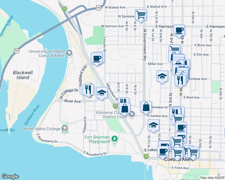 map of restaurants, bars, coffee shops, grocery stores, and more near 804 Milwaukee Drive in Coeur d'Alene