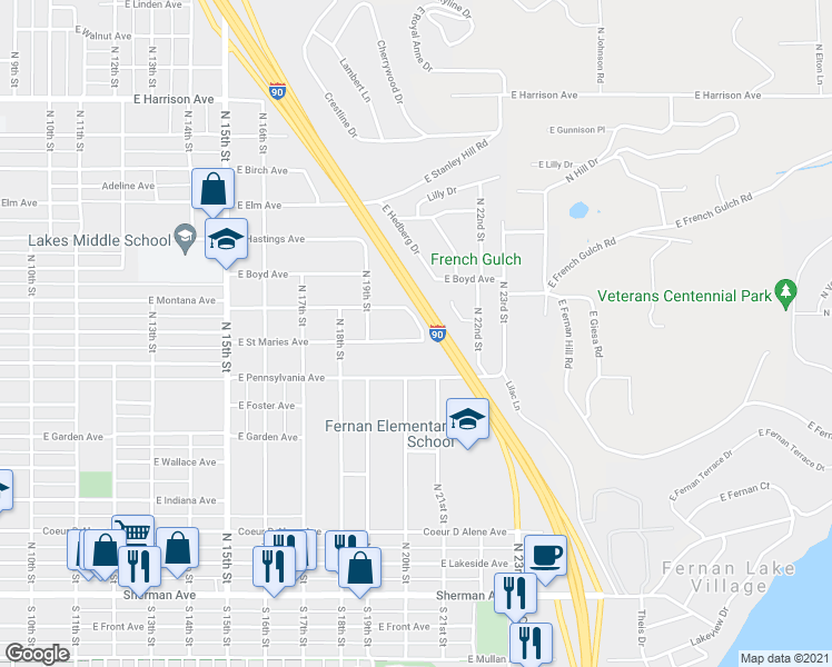map of restaurants, bars, coffee shops, grocery stores, and more near 1923 East Street Maries Avenue in Coeur d'Alene