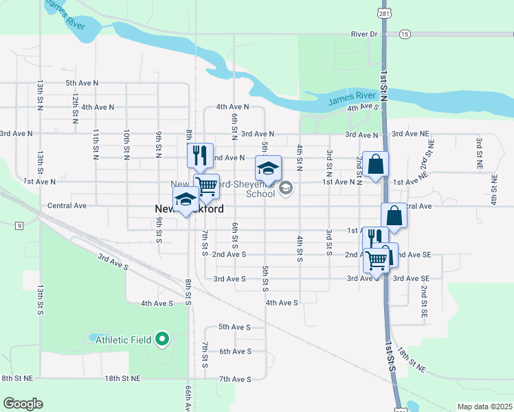 map of restaurants, bars, coffee shops, grocery stores, and more near 524 Central Avenue in New Rockford