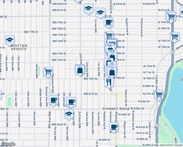 map of restaurants, bars, coffee shops, grocery stores, and more near 7028 Sycamore Avenue Northwest in Seattle