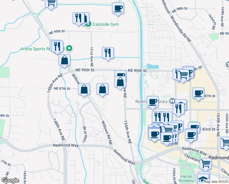 map of restaurants, bars, coffee shops, grocery stores, and more near 15319 NE 90th St in Redmond
