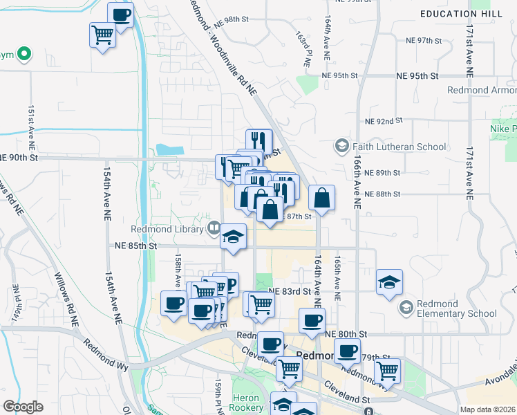 map of restaurants, bars, coffee shops, grocery stores, and more near 16100 Northeast 87th Street in Redmond