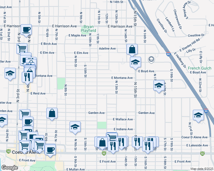 map of restaurants, bars, coffee shops, grocery stores, and more near 1211 East Street Maries Avenue in Coeur d'Alene