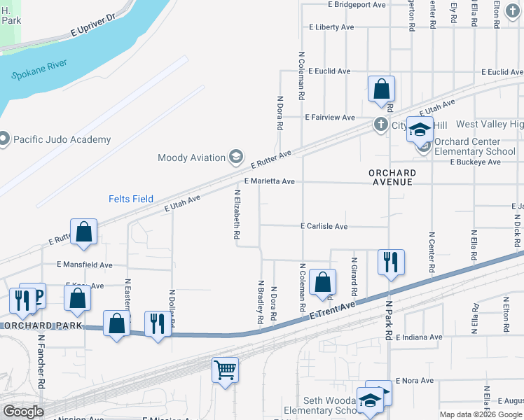 map of restaurants, bars, coffee shops, grocery stores, and more near 2523 North Bradley Road in Spokane Valley