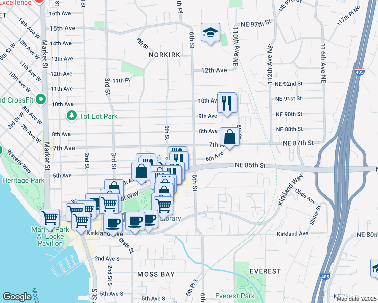 map of restaurants, bars, coffee shops, grocery stores, and more near 544 7th Avenue in Kirkland
