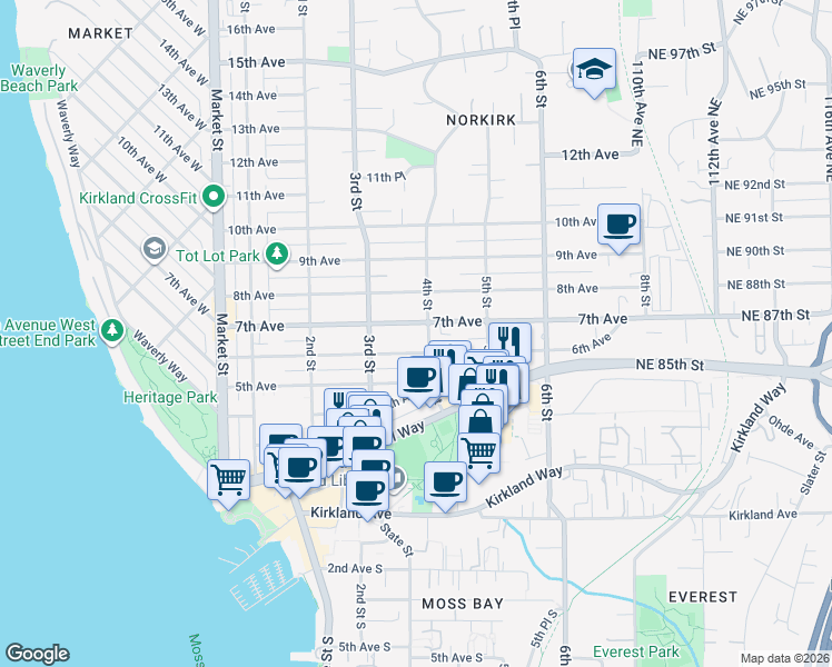 map of restaurants, bars, coffee shops, grocery stores, and more near 349 7th Avenue in Kirkland