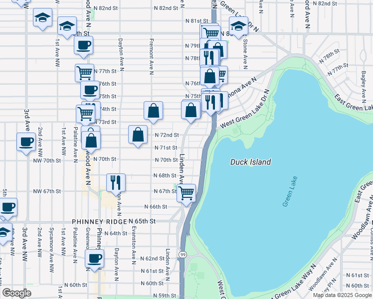 map of restaurants, bars, coffee shops, grocery stores, and more near 7105 Linden Avenue North in Seattle