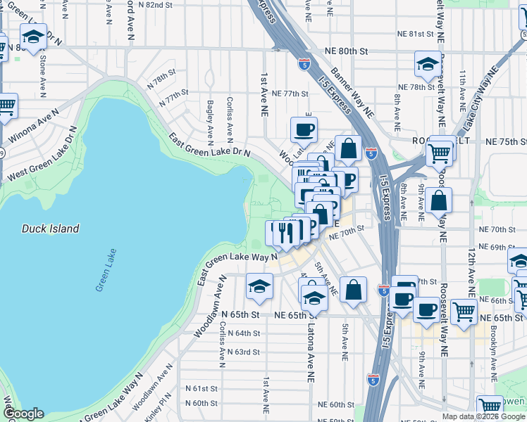 map of restaurants, bars, coffee shops, grocery stores, and more near 7201 East Green Lake Drive North in Seattle