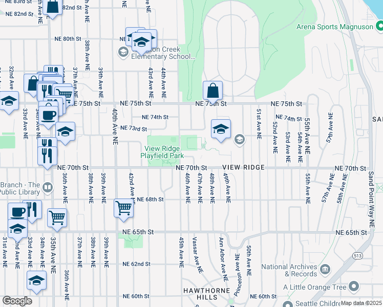 map of restaurants, bars, coffee shops, grocery stores, and more near 7131 45th Avenue Northeast in Seattle