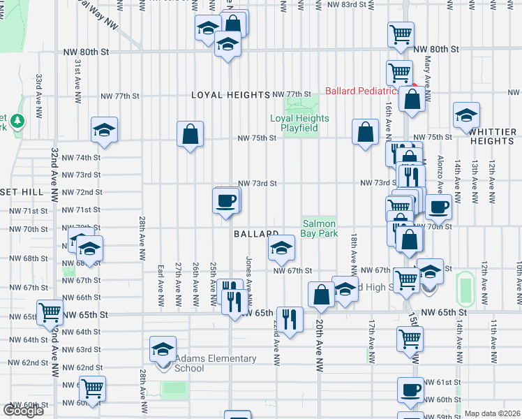 map of restaurants, bars, coffee shops, grocery stores, and more near 7025 23rd Avenue Northwest in Seattle