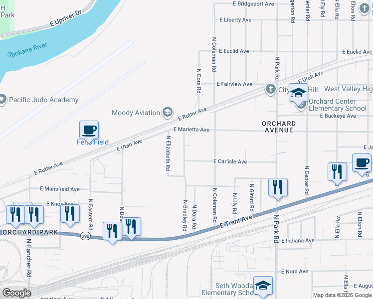 map of restaurants, bars, coffee shops, grocery stores, and more near 2523 North Bradley Road in Spokane Valley