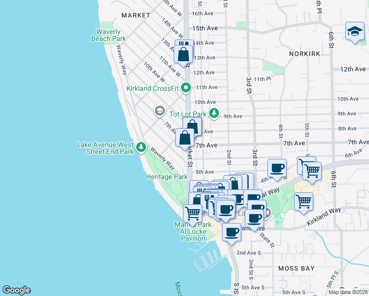 map of restaurants, bars, coffee shops, grocery stores, and more near 702 1/2 Market Street in Kirkland