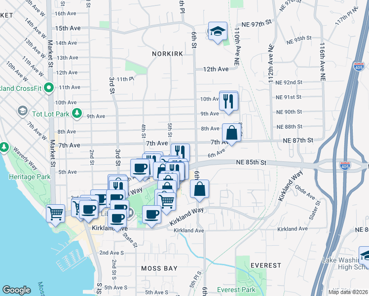 map of restaurants, bars, coffee shops, grocery stores, and more near 544 7th Avenue in Kirkland