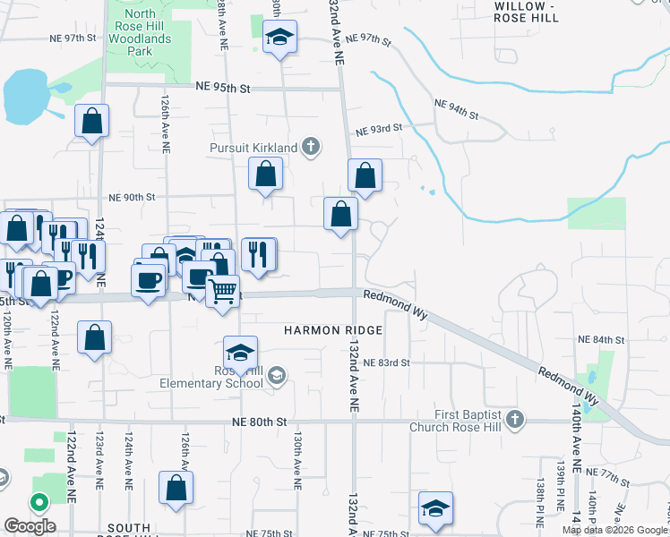 map of restaurants, bars, coffee shops, grocery stores, and more near 8529 132nd Avenue Northeast in Kirkland