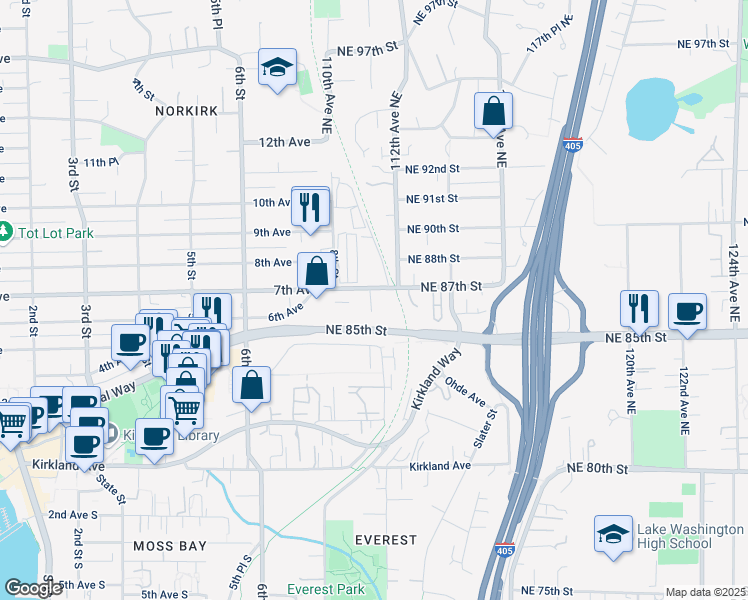 map of restaurants, bars, coffee shops, grocery stores, and more near 909 7th Avenue in Kirkland